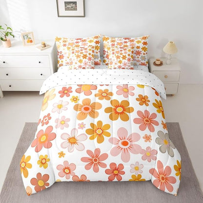 Erosebridal Groovy Flower 7 Piece Comforter Set King | Vintage Floral Bed in A Bag Geometric Hippie Garden Funky Sheet Set Breathable Lightweight Pastoral Style Fitted Sheet Reversible