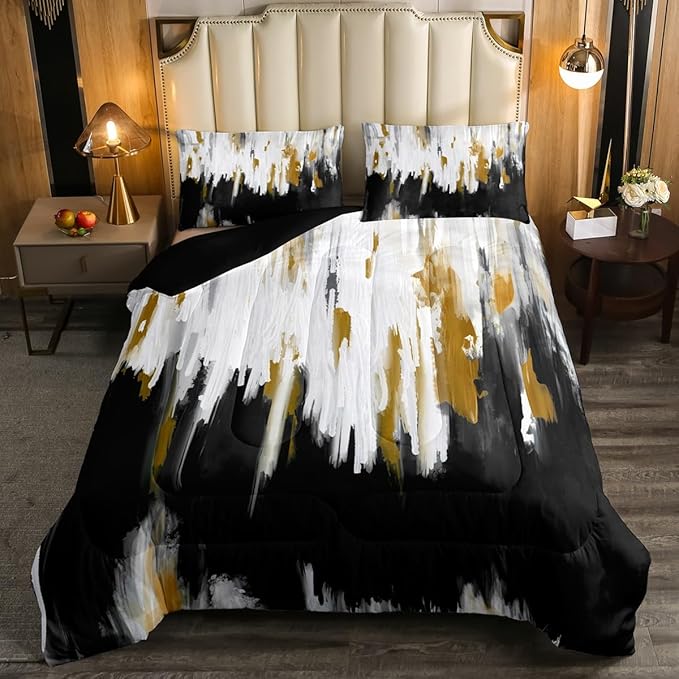 Erosebridal Black Gray Comforter Set Queen Abstract Watercolor Bedding Set, Gradient Stripe Down Comforter Chic Vintage Aesthetic Bed Set, Graffiti Oil Painting Modern Quilted Duvet for Kids Teens
