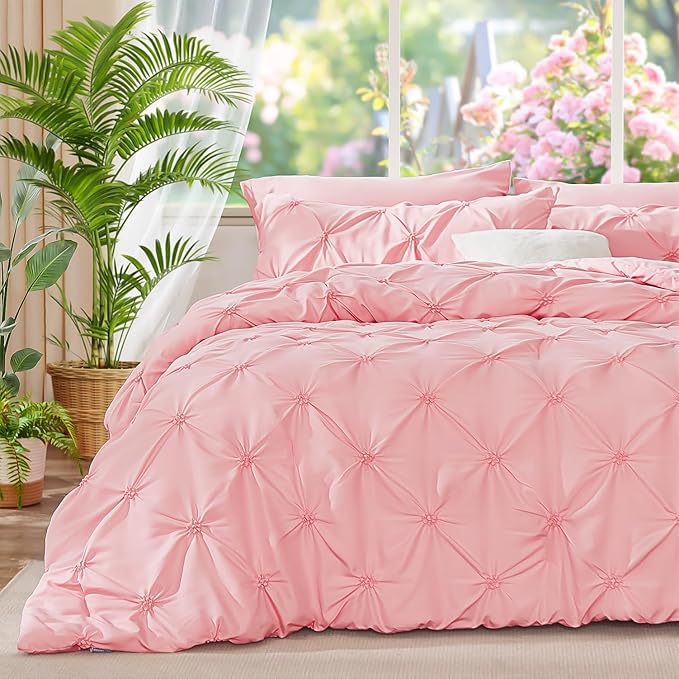 BEDELITE California King Comforter Set - 3 Peices Boho Pintuck Bedding Comforter Sets, Lightweight Soft & Warm Twin Bedding Sets with 2 Pillowcase for All Season