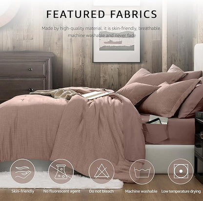 Geniospin Queen Comforter Set - 7 Pieces Comforter Queen Size, Soft Solid Bedding Set for All Season, Textured Bed in a Bag with Sheets, Pillowcases & Shams (Misty Rose, 90''x90'')