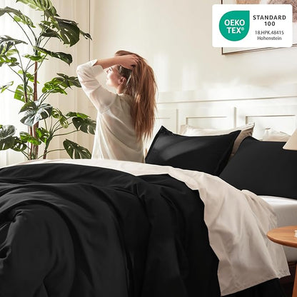 Litanika Black Comforter Full Size, 3 Pieces Boho Lightweight Solid Bedding Comforter Set, All Season Fluffy Bed Set (79x90In Comforter & 2 Pillowcases)