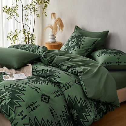 Wake In Cloud - Western Comforter Set, Boho Southwestern Rustic Farmhouse Style with Aztec Geometric Block Pattern, Soft Lightweight Bedding, 3 Pieces, Dark Olive Green, King Size