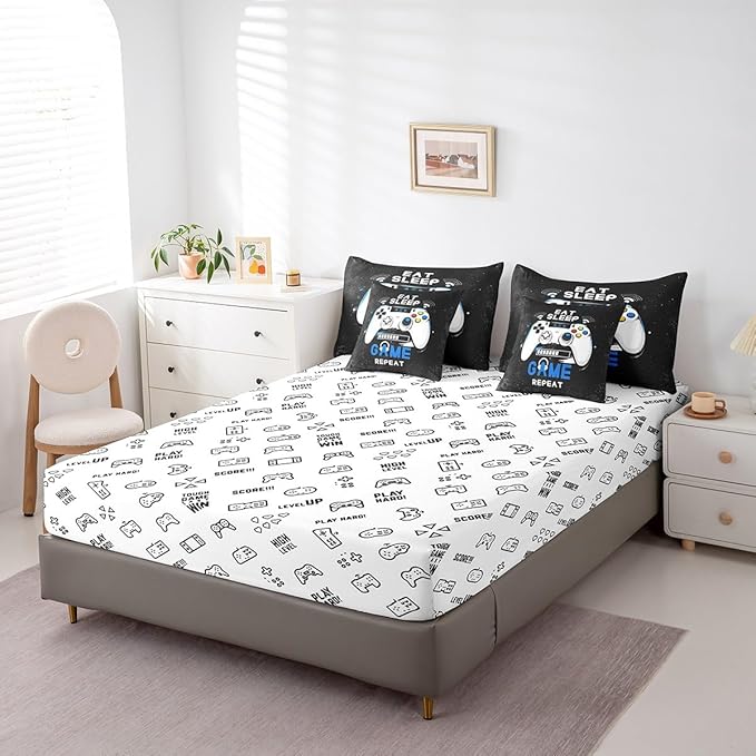 jejeloiu Eat Sleep Game 7 Piece Bedding Set King Size Cartoon Gamer Comforter Set with Sheets for Kids Boys Girls Modern Game Bed in a Bag Black Blue Bed Set