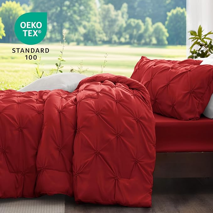 BEDELITE Red Twin Comforter Set - 2 Peices Boho Pintuck Bedding Comforter Sets, Lightweight Soft & Warm Twin Bedding Sets with 1 Pillowcase for All Season
