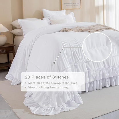 QSH Farmhouse Ruffled Oversized King Comforter 128x120,3PCs Bright White Shabby Boho Chic French Country Bedding Comforter Set California King Bed Comforter Lightweight Soft Microfiber Rustic Bedding