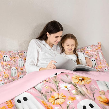 Erosebridal Girls Halloween Ghost Full Bedding Set, Bohemian Halloween Decor Comforter Set for Kids Teens Women Bedroom Decor, Boho Floral Comforter, Blossom Flowers Quilt 3 Piece
