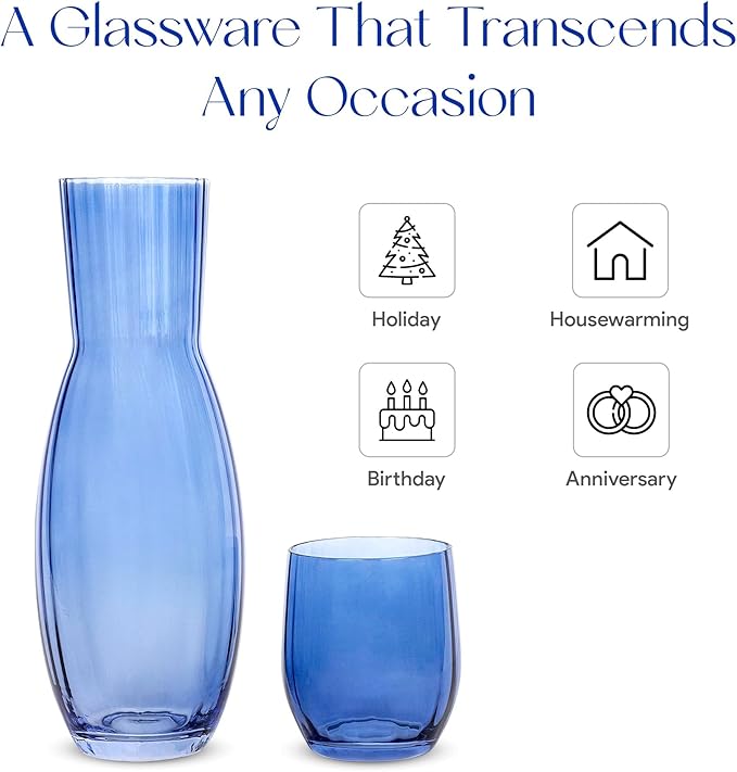 American Atelier 40 oz Bedside Water Carafe with Tumbler – 2-Piece Ribbed Glass Night Pitcher with Cup Lid for Nightstand, Guest Room & Office, Stylish & Durable Drinkware (Cobalt Blue)