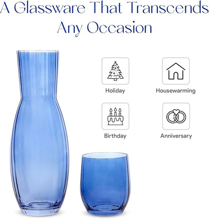 American Atelier 40 oz Bedside Water Carafe with Tumbler – 2-Piece Ribbed Glass Night Pitcher with Cup Lid for Nightstand, Guest Room & Office, Stylish & Durable Drinkware (Cobalt Blue)