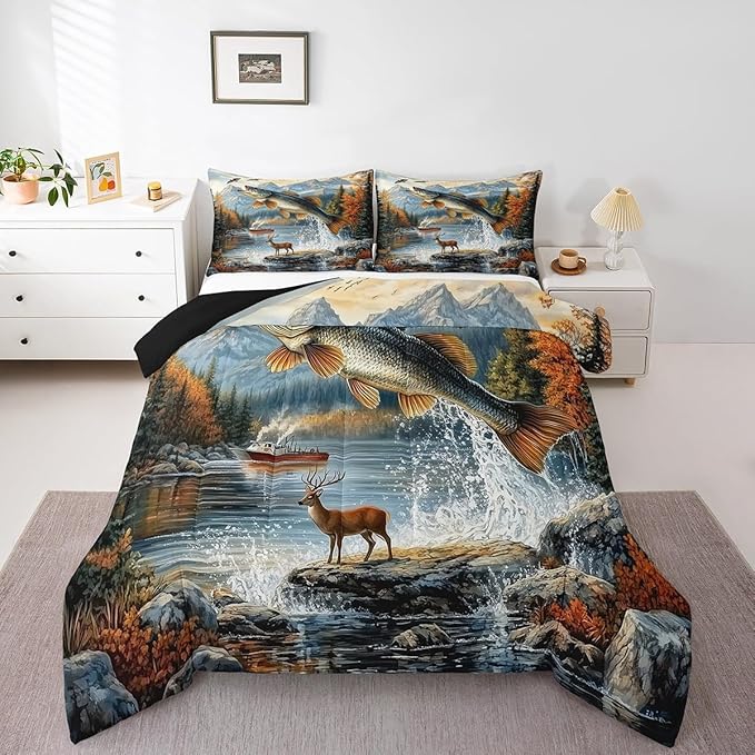 Erosebridal Fishing and Hunting Full Bedding Set,Big Bass Pike Fish Comforter Set for Kids Boys Girls,Hunting Deer Comforter,Rustic Mountain Cabin Bedroom Room Decor,2 Pillowcases Breathable