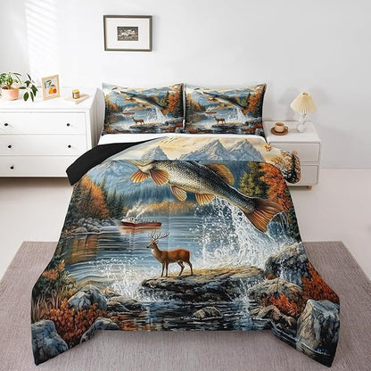 Erosebridal Fishing and Hunting Queen Comforter Set,Big Bass Pike Fish Bedding Sets for Kids Boys Men,Hunting Deer Quilt Bed Set,Rustic Mountain Cabin Bedroom Decor,2 Pillowcases Breathable