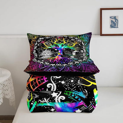 Erosebridal Sun and Moon Comforter Set Queen,Black and White Bedding Set for Kids Boys Girls,Psychedelic Tree of Life Down Comforter,Galaxy Stars Mandala Tribal Quilted Duvet 3pcs All Season Soft