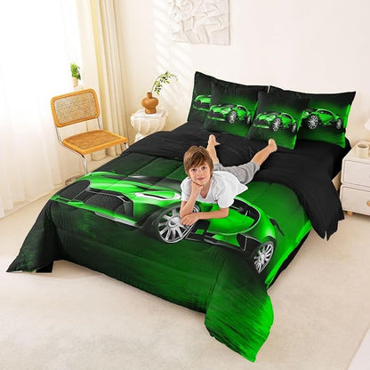 Feelyou Sports Car 7 Piece Bedding Set Green Race Car Comforter Set with Sheets for Kids Boys Girls Extreme Sports Theme Bed in a Bag Cool Speed Luxury Car Decor Bed Set with 2 Pillowcases King