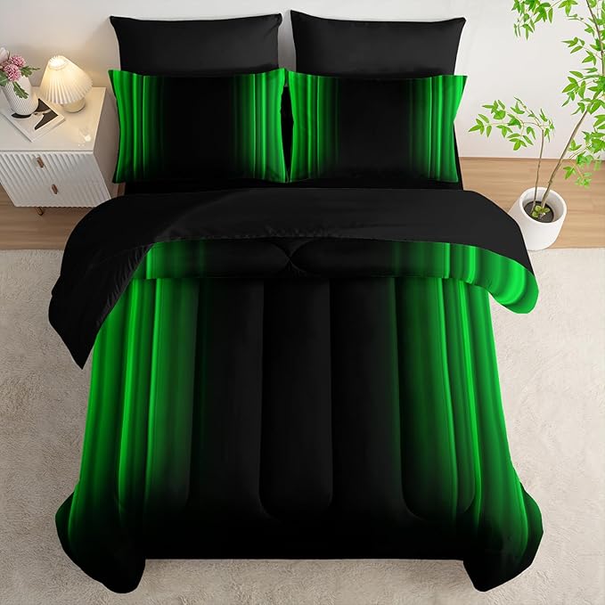 Green and Black Bedding Set Queen Size Abstract Ombre Comforter Set Bedding Set 7 Piece in A Bag,Dark Quilt Set Mordern Art Decor All Seasons with Pillowcases,Flat, Fitted Sheet