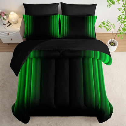 Green and Black Bedding Set Full Size Abstract Ombre Comforter Set Bedding Set 7 Piece in A Bag,Dark Quilt Set Mordern Art Decor All Seasons with Pillowcases,Flat, Fitted Sheet