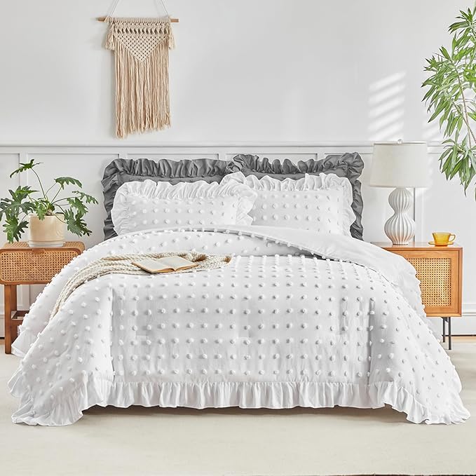 Flysheep Tufted Dots Ruffle Comforter Set King Size, 3 Pieces White Vintage Farmhouse Shabby Chic Comforters, Jacquard Boho Bohemian Bedding Set for All Season (1 Ruffled Comforter+ 2 Pillow Shams)
