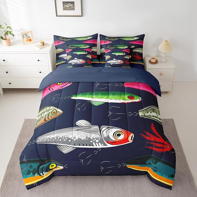 Feelyou Fish Comforter Set King Size 7 Pcs Rustic Lake Fishing Comforter Bed in a Bag Cabin Lodge Bedding Set for Boys Girls Fish Hook Bait Bed Set with Sheets, Pillowcases, Pillow Covers