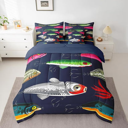 Feelyou Fish Comforter Set King Size 7 Pcs Rustic Lake Fishing Comforter Bed in a Bag Cabin Lodge Bedding Set for Boys Girls Fish Hook Bait Bed Set with Sheets, Pillowcases, Pillow Covers