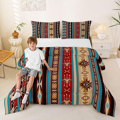 Aztec Bedding Set Ethnic Tribal Arrow Comforter Set,Retro Southwest Native Bohemian Quilt King,Western Star Geometric Sriped Duvet Insert African Tribe Exotic Nordic Style Boho Decor,Warm Taupe