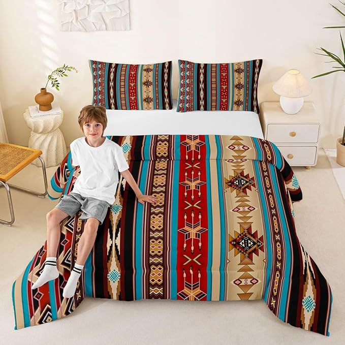 Aztec Bedding Set Ethnic Tribal Arrow Queen Comforter Set,Vintage Southwestern Native Bohemian Quilt,Western Star Duvet Insert Exotic Geometric Diamond Stripes Room Decor,Burnt Sienna Brown