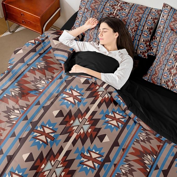 Erosebridal Aztec Bed in A Bag Twin 7 Pcs Ethnic Tribal Western Comforter Set Retro Southwest Native Bohemian Bedding Sets Exotic Nordic Style Sheet Set with Comforter Vintage Room Decor