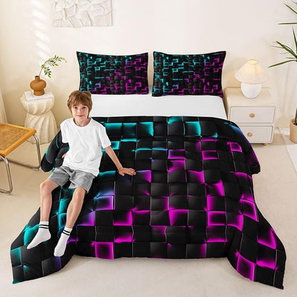Erosebridal Geometric Checkered Comforter Set Full Neon Teal Purple Bedding Set for Kids Boys Teen Men Gamer Room Decor,Abstract Ombre Plaid Comforter Grids Quilt Duvet Black