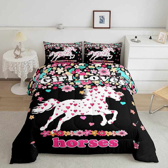 Feelyou Horse Comforter Set Toddler Size Kids Galloping Horse Comforter for Boys Teens Floral Flower Bedding Set Heat Love Pattern Pink and Black Duvet Set Room Decor Quilt Set