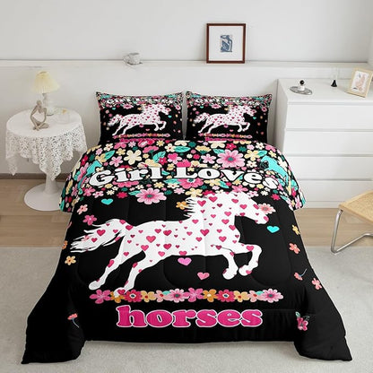 Feelyou Horse Comforter Set Toddler Size Kids Galloping Horse Comforter for Boys Teens Floral Flower Bedding Set Heat Love Pattern Pink and Black Duvet Set Room Decor Quilt Set