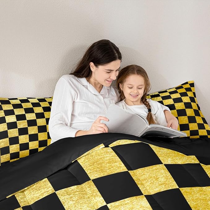 Feelyou Checkered Retro Kids Comforter Set Toddler Size Golden Black Plaid Bedding Set Geometric Vintage Duvet Quilt for Kids Boys Girls Bedroom Modern Simple Groovy Aesthetic Decor