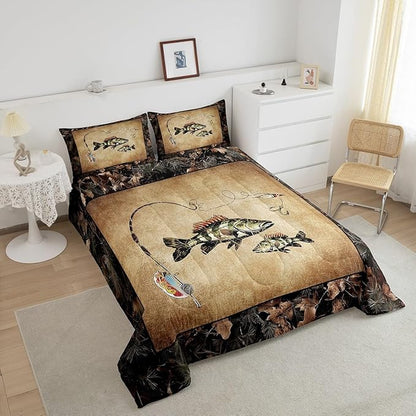 Erosebridal Rustic Bass Fish Comforter Set Full Country Camo Fishing Bedding Set Woodland Camouflage Lake Fish Fisherman Quilt Comforter for Kids Boys Teen Men Retro Farmhouse Cabin Bed Set 3 Pcs