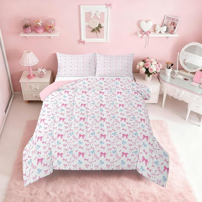 Erosebridal Bowknot Comforter Set for Girls, Dreamy Princess Style Full Size Down Comforter, Cute Bow Tie Cartoon Quilt for Kids Teens Women Room, Girly Kawaii Bedding Set, Pink Blue