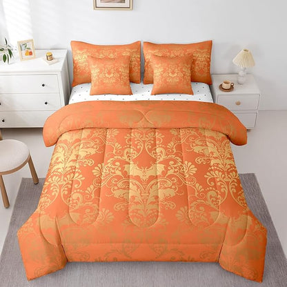 Erosebridal Gothic Damask Bed in a Bag King Size Comforter Set 7 Pieces,Halloween Bat Bedding Sets Orange and Yellow Victorian Floral Goth Sheet Set with Comforter