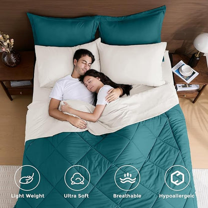 HEVUMYI King Comforter Set - 7-Piece All Season Bed in a Bag King, Ultra Soft Bedding Set with Comforter, Flat Sheet, Fitted Sheet, Pillowcases, Pillow Shams, Peacock Blue & Ivory