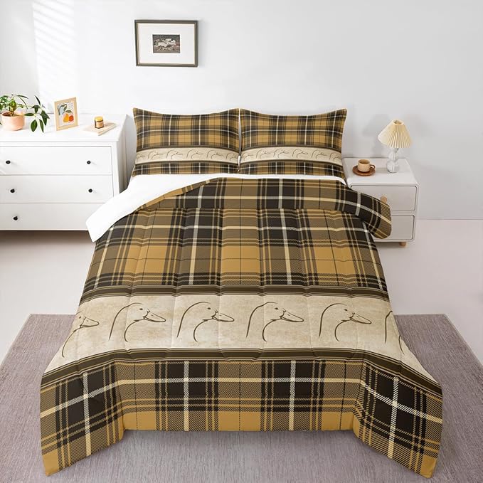Manfei Ducks Silhouettes Kids Comforter Set Full Size,Cartoon Animals Cute Bedding Set,Girls Boys Adults Bedroom Decor,Geometric Plaids Splicing Down Comforter,Brown Rustic Duvet Insert,2 Pillowcases