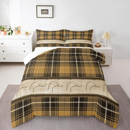 Manfei Ducks Silhouettes Kids Comforter Set Twin Size,Cartoon Animals Cute Bedding Set,Girls Boys Adults Bedroom Decor,Geometric Plaids Splicing Down Comforter,Brown Rustic Duvet Insert,1 Pillowcase