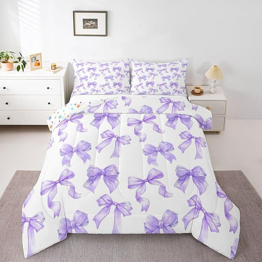 Erosebridal Purple Bowknot Girls King Bedding Set Dreamy Princess Bow Comforter Set Cute Kawaii Ribbon Bow Bedding Comforter Sets for Kids Teen Women Bedroom,Fantasy Coquette Bowknot Bed Set