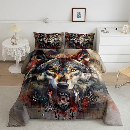 Erosebridal Hunting Wolf Toddler Bedding Set,Indian Wolf Comforter Set for Kids Boys Girls Room Decor,Exotic Ethnic Tribal Quilt Set Wildlife Animal Safari Bedding Comforter Sets,1 Pillowcase