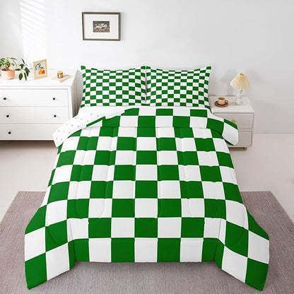 Feelyou Checkered Retro Bedding Set Teen Women Men Green White Plaid Comforter Set King Size Kids Boys Girls Geometric Vintage Duvet Insert Modern Simple Groovy Aesthetic Room Decor