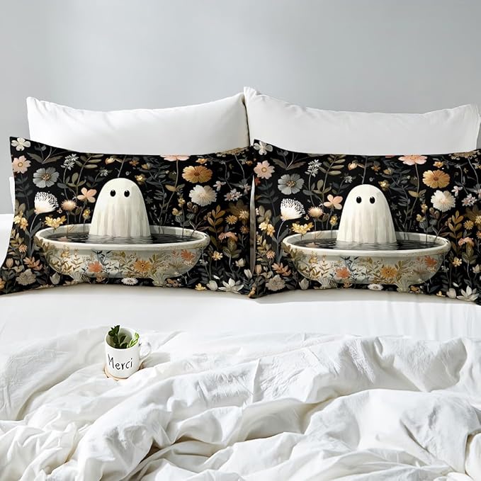 Erosebridal Halloween Decorations King Bedding Set, Halloween Ghost Comforter Set Funny Gothic Decor Black Comforter for Kids Boys Girls Teens Women Men, Retro Horror Terror Theme Quilt