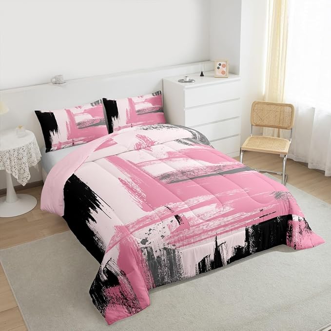 Erosebridal Girls Pink King Comforter Set Girly Abstract Pink and Black Comforter Set for Kids Teens Women Geometric Modern Bedding Sets Minimalists Striped Art Bed Sets for Adults Boys Men