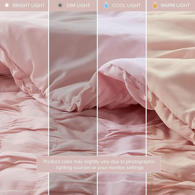 Comfort Spaces Twin/Twin XL Comforter Set for College Ogee Ruched Crinkle Texture Breathable Comforter Set Twin Dorm All Season Lightweight Bedding Set Shabby Chic Décor Pilow Pink 3 Piece