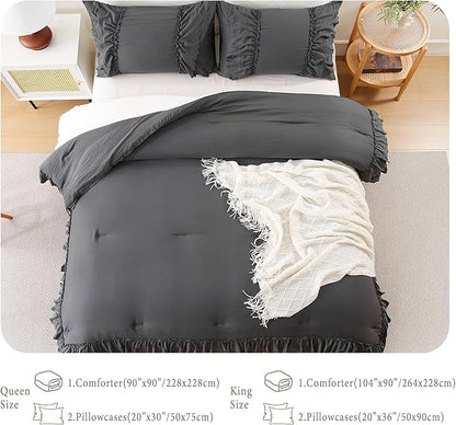 Herside Dark Grey Ruffle Comforter Set Queen Size,Shabby Chic Boho Bedding Sets, Soft Fluffy Comforters Sets for All Season,Vintage Ruffled 3 Pcs Microfiber Lightweight Quilt Set for Women Girls
