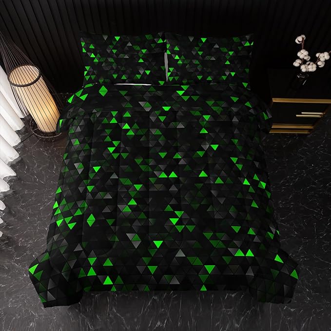Geometric Green Black Comforter Set,Triangle Honeycomb 3 PCS Bedding Set Full Size for Teen Adult,Modern Quilt Set Geometry Decor,Microfiber Lightweight 1 Comforter 2 Pillowcases