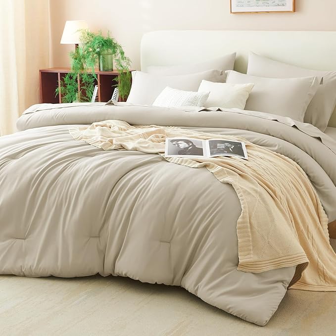 CozyLux King Comforter Set Oatmeal, 7 Pieces Bed in a Bag Soft Bedding Comforter Set with Sheets, All Season Boho 7PC Bed Sets with Comforter, Fitted Sheets, Flat Sheets, Pillow Shams and Pillowcases