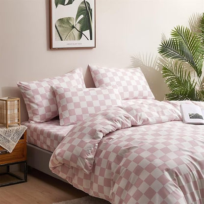 Houseri White and Pink Comforter Set Queen Plaid Baby Pink Checkerboard Comforter Bedding Sets Queen Size Girls Women Elegant Light Pink Grid Buffalo Checkered Bed Comforter Comfy Soft Pale Pink Queen
