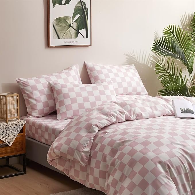 Houseri Pink Plaid Comforter Set Full White and Light Pink Buffalo Checkered Bedding Full Size Teen Girls Baby Pink Checkerboard Dorm Bed Quilt Soft Comfy Preppy Pale Pink Grid Comforters Full