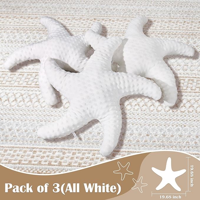 Marble Empire White Starfish Pillow 3-Pack for Couch and Bed, Coastal Decor Throw Pillows, Ocean Beach Theme Accent Pillows for Living Room