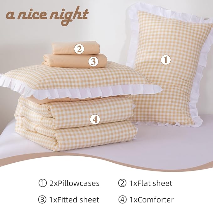 A Nice Night 5 Pieces Lightweight Soft Rustic Khaki Ruffle Comforter, Plaid Checkered Chic Bedding Comforter Set for Queen Bed