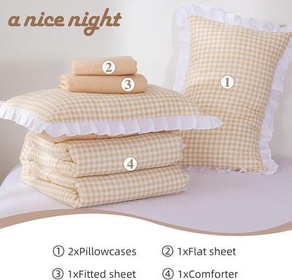 A Nice Night Comforter Set Full, 5 Pieces Lightweight Soft Rustic Khaki Ruffle Comforter, Plaid Checkered Chic Bedding Set with Pillow Shams