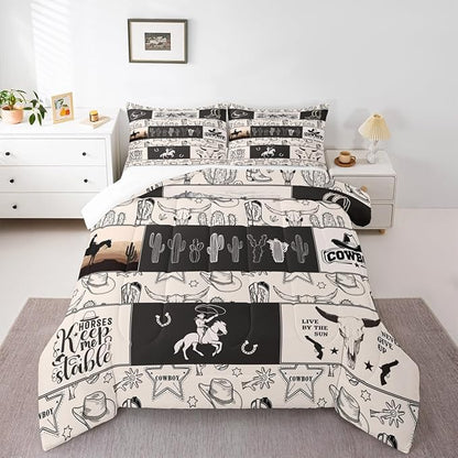 Western Cowboy Kids Comforter Set King Size,Cowboy Boots Horseshoe Farmhouse Bedding Set,Boys Girls Adults Room Decor,Cow Skull Cactus Rustic Down Comforter,Beige Retro Duvet Insert,2 Pillowcases