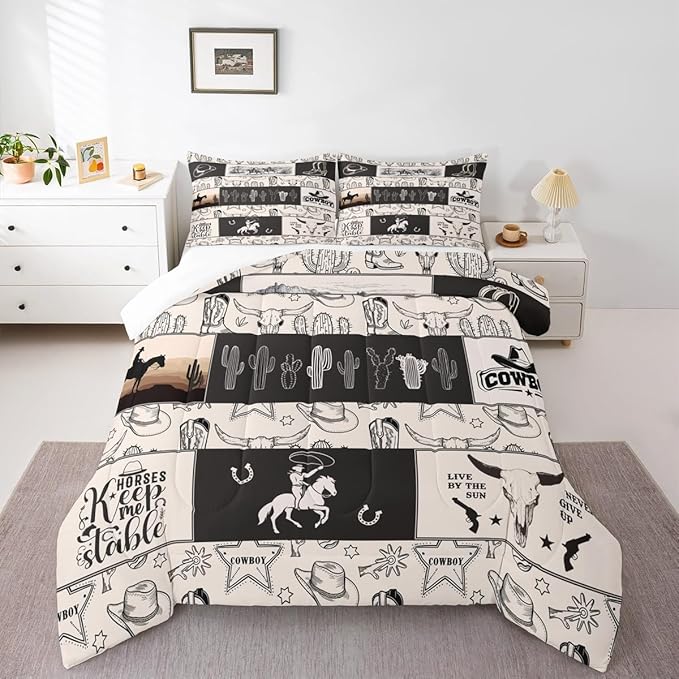 Western Cowboy Kids Comforter Set Full Size,Cowboy Boots Horseshoe Farmhouse Bedding Set,Boys Girls Adults Room Decor,Cow Skull Cactus Rustic Down Comforter,Beige Retro Duvet Insert,2 Pillowcases